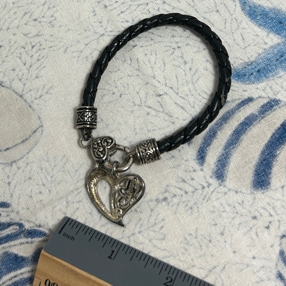 Brighton Braided Black Leather Cord Bracelet Heart Charm Silver Plated Vintage - Picture 13 of 13